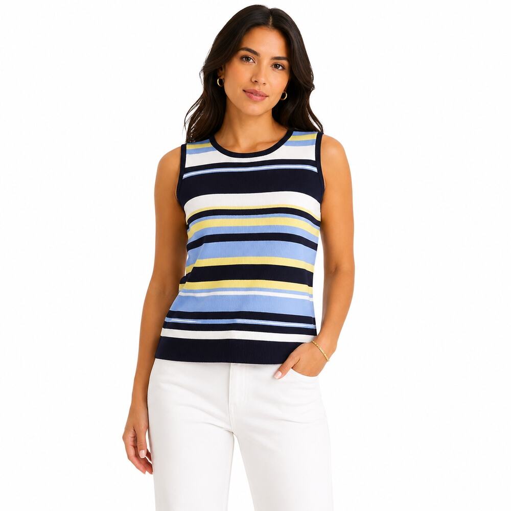 Casual Corner Annex Women Striped Knit Sleeveless Tank Top XL Blue White Yellow